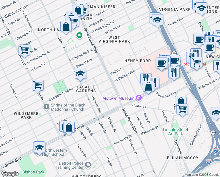 map of restaurants, bars, coffee shops, grocery stores, and more near 7513 Rosa Parks Boulevard in Detroit