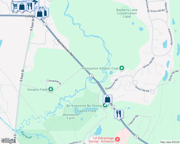 map of restaurants, bars, coffee shops, grocery stores, and more near 298 Belchertown Road in Amherst