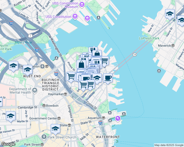 map of restaurants, bars, coffee shops, grocery stores, and more near in Boston