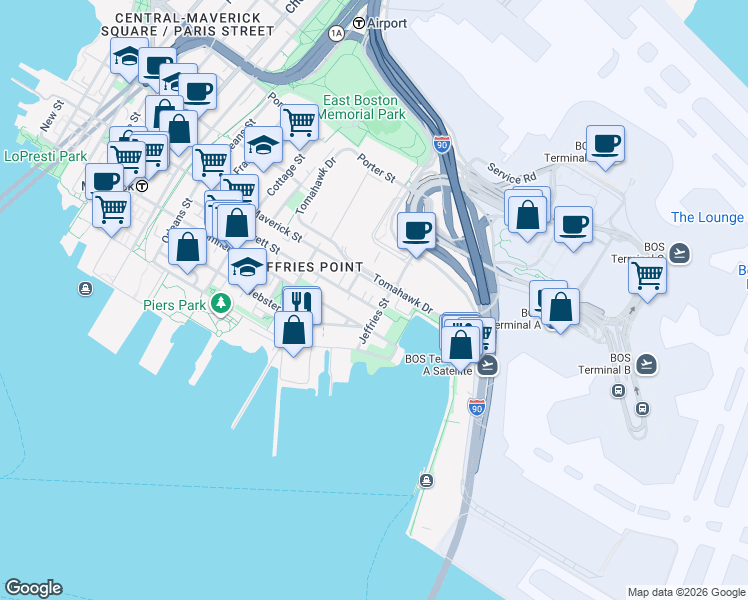 map of restaurants, bars, coffee shops, grocery stores, and more near 3 Everett Court in Boston