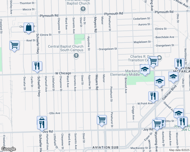 map of restaurants, bars, coffee shops, grocery stores, and more near 10824 West Chicago in Detroit