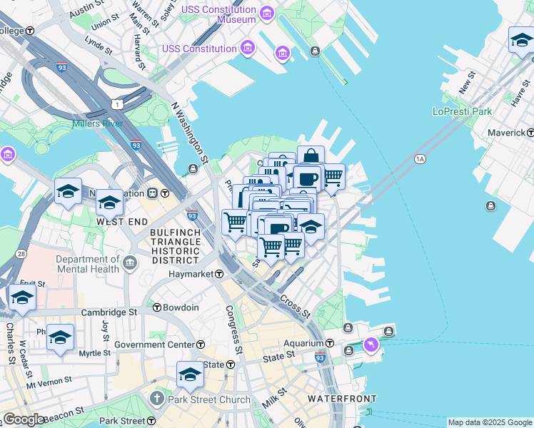 map of restaurants, bars, coffee shops, grocery stores, and more near in Boston