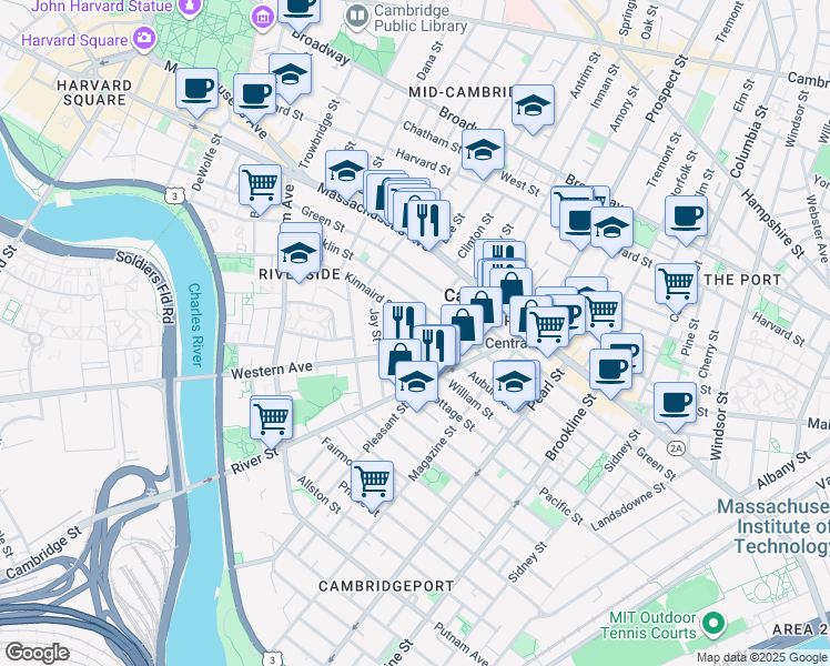 map of restaurants, bars, coffee shops, grocery stores, and more near 42 Kinnaird Street in Cambridge