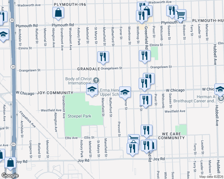 map of restaurants, bars, coffee shops, grocery stores, and more near 9541 Rutherford Street in Detroit