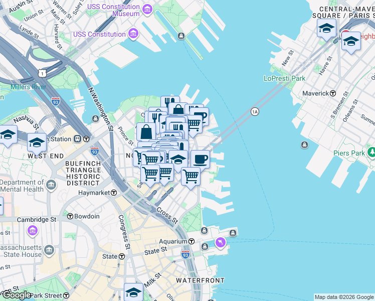 map of restaurants, bars, coffee shops, grocery stores, and more near 7 Powers Court in Boston