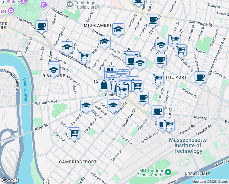 map of restaurants, bars, coffee shops, grocery stores, and more near 678 Massachusetts Avenue in Cambridge