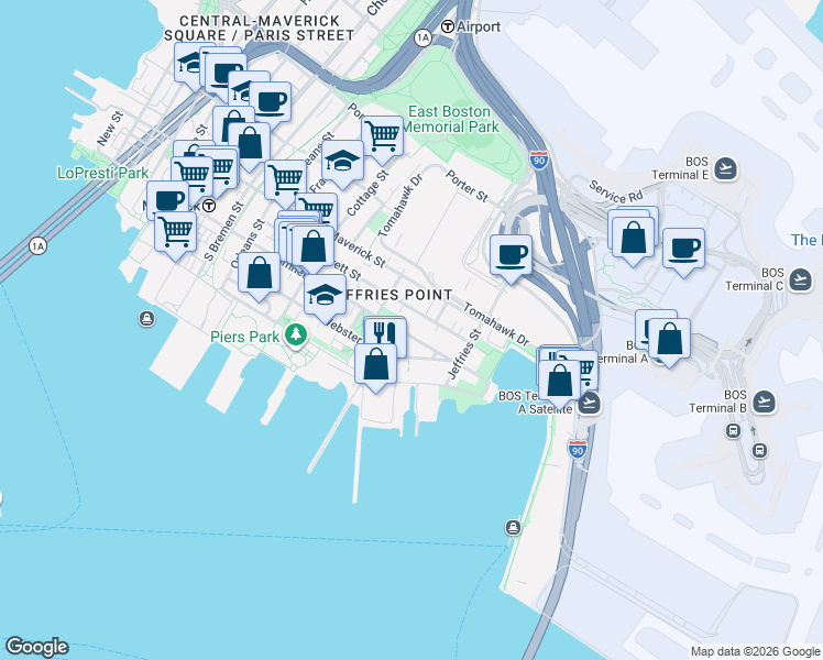 map of restaurants, bars, coffee shops, grocery stores, and more near 464 Sumner Street in Boston