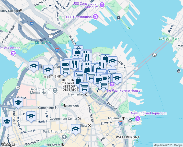 map of restaurants, bars, coffee shops, grocery stores, and more near 161 Endicott Street in Boston