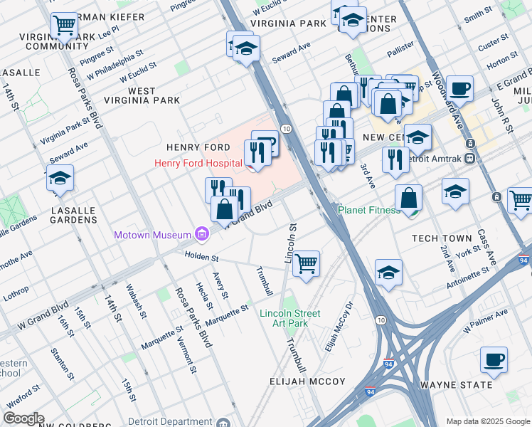 map of restaurants, bars, coffee shops, grocery stores, and more near 2764 West Grand Boulevard in Detroit