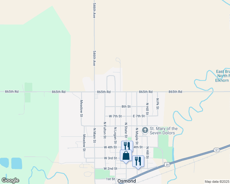 map of restaurants, bars, coffee shops, grocery stores, and more near Prairie Street in Osmond