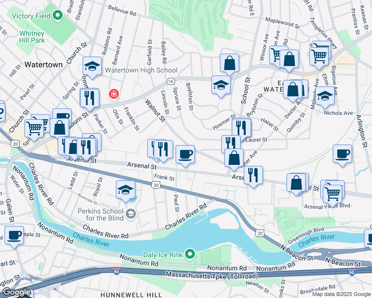 map of restaurants, bars, coffee shops, grocery stores, and more near 114 Walnut Street in Watertown
