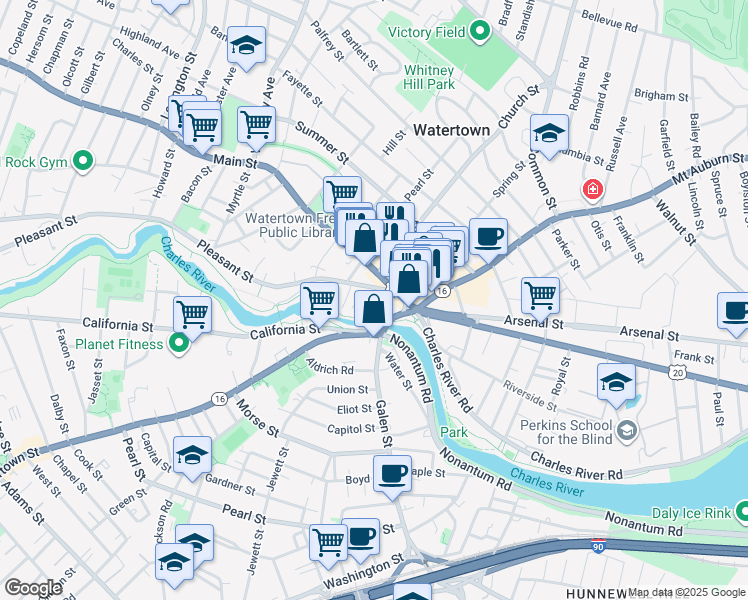 map of restaurants, bars, coffee shops, grocery stores, and more near 39 U.S. 20 in Watertown