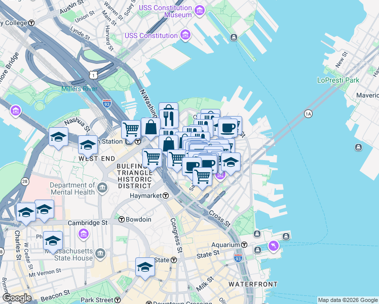 map of restaurants, bars, coffee shops, grocery stores, and more near 3 Snow Hill Street in Boston