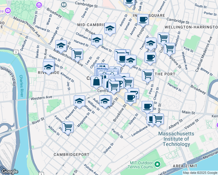 map of restaurants, bars, coffee shops, grocery stores, and more near 5 Western Avenue in Cambridge