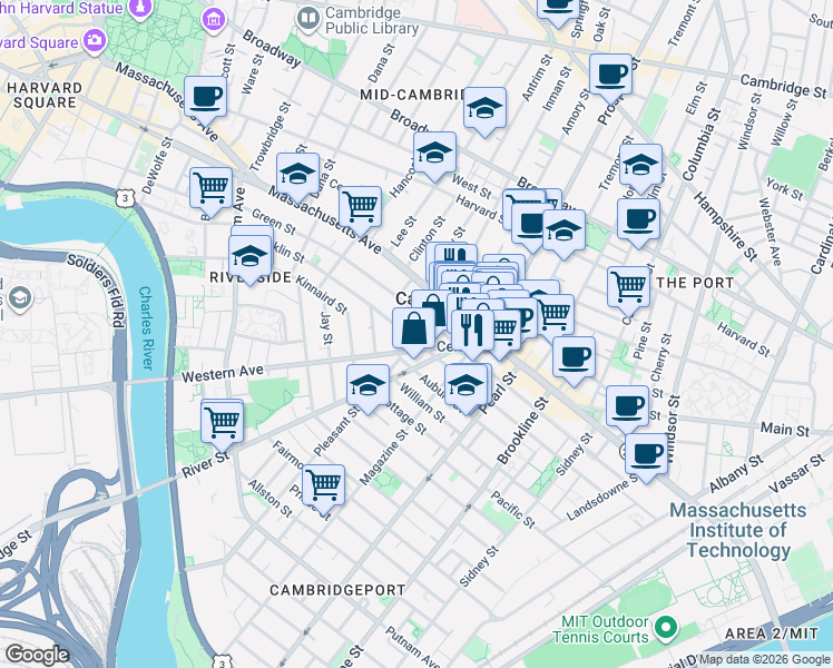 map of restaurants, bars, coffee shops, grocery stores, and more near in Cambridge