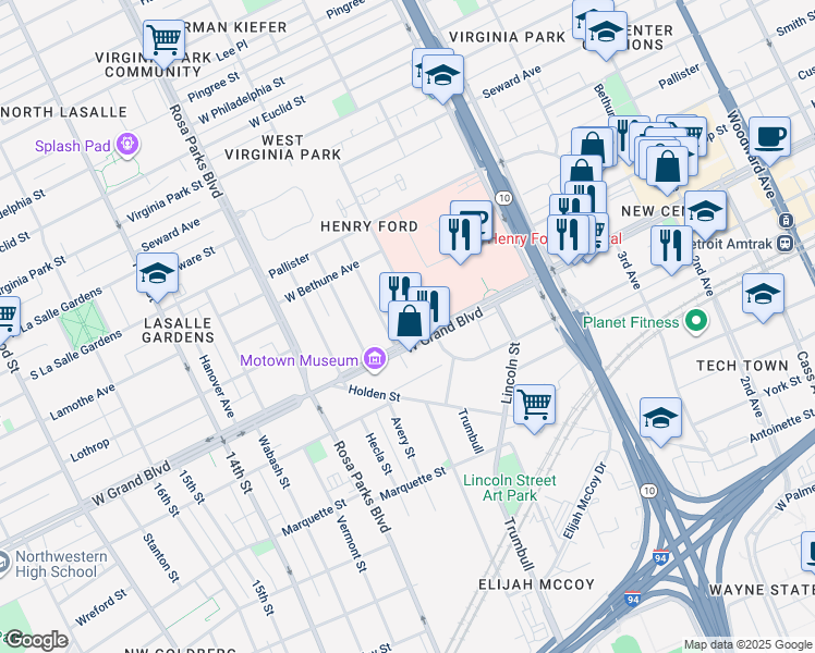 map of restaurants, bars, coffee shops, grocery stores, and more near 2721 West Grand Boulevard in Detroit