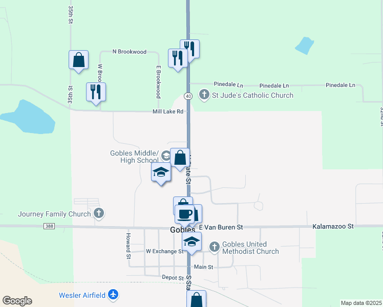 map of restaurants, bars, coffee shops, grocery stores, and more near 414 North State Street in Gobles