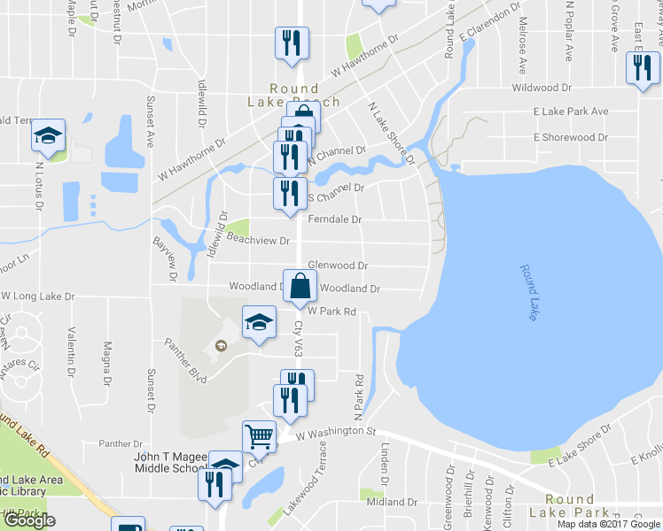 map of restaurants, bars, coffee shops, grocery stores, and more near 133 Beachview Drive in Round Lake Beach