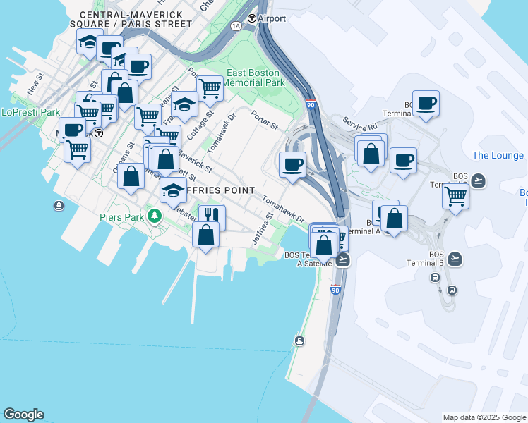 map of restaurants, bars, coffee shops, grocery stores, and more near 375 Maverick Street in Boston