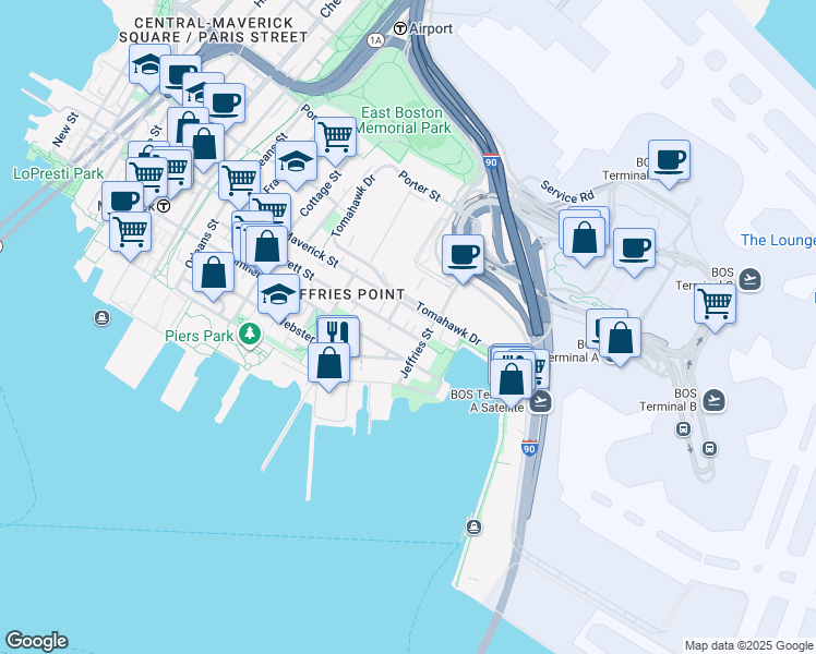 map of restaurants, bars, coffee shops, grocery stores, and more near 375 Maverick Street in Boston