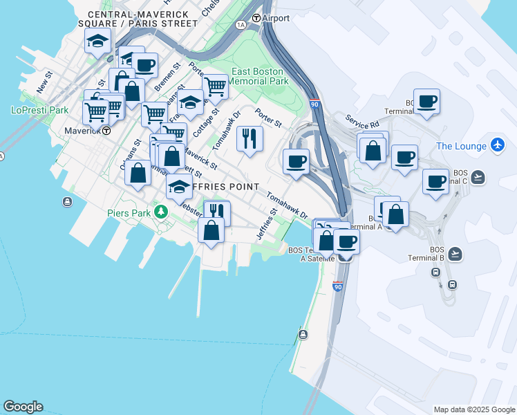 map of restaurants, bars, coffee shops, grocery stores, and more near 375 Maverick Street in Boston