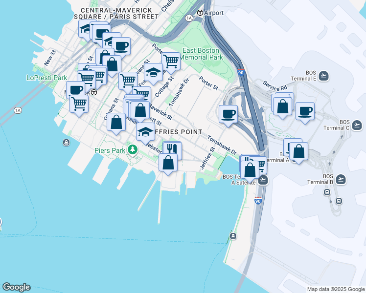 map of restaurants, bars, coffee shops, grocery stores, and more near 206 Everett Street in Boston