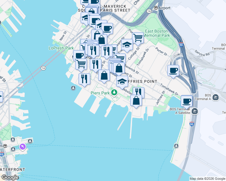 map of restaurants, bars, coffee shops, grocery stores, and more near 110A Marginal Street in Boston