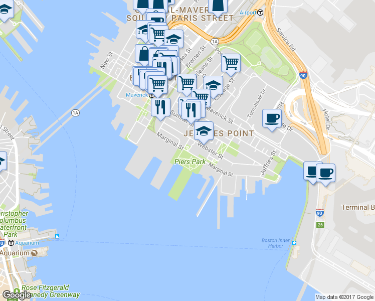 map of restaurants, bars, coffee shops, grocery stores, and more near 110A Marginal Street in Boston