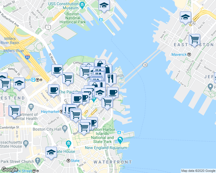 map of restaurants, bars, coffee shops, grocery stores, and more near 7 Powers Court in Boston