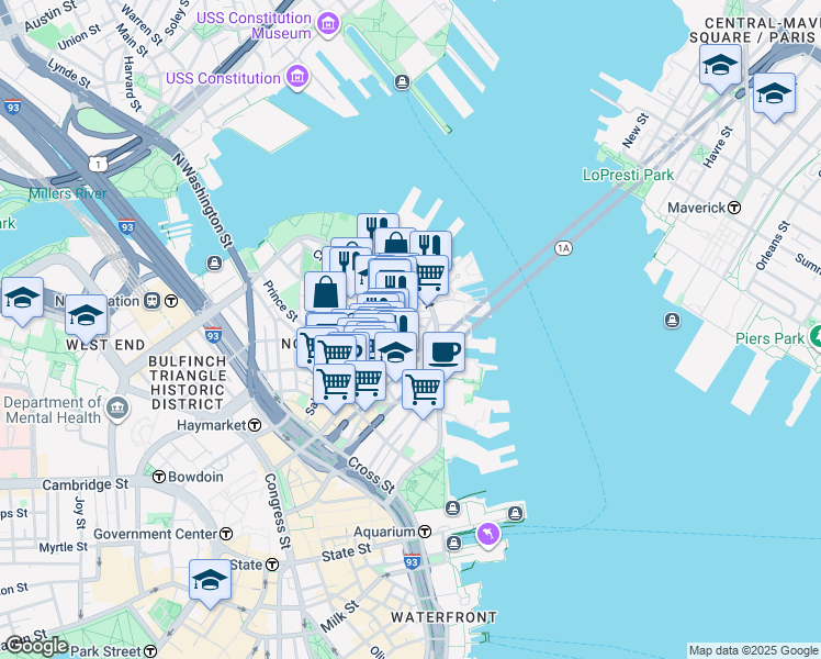 map of restaurants, bars, coffee shops, grocery stores, and more near 7 Powers Court in Boston