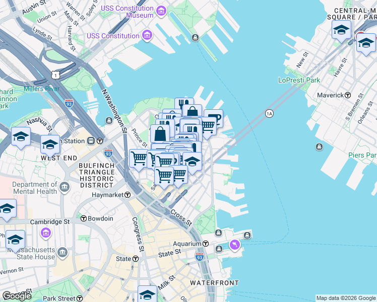 map of restaurants, bars, coffee shops, grocery stores, and more near 4 Charter Street in Boston