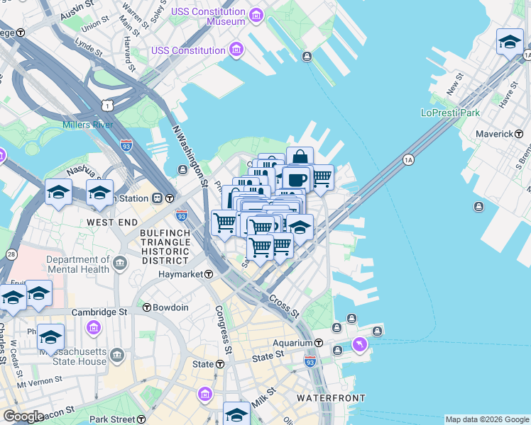 map of restaurants, bars, coffee shops, grocery stores, and more near in Boston