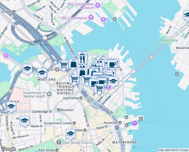 map of restaurants, bars, coffee shops, grocery stores, and more near 3 Snow Hill Street in Boston