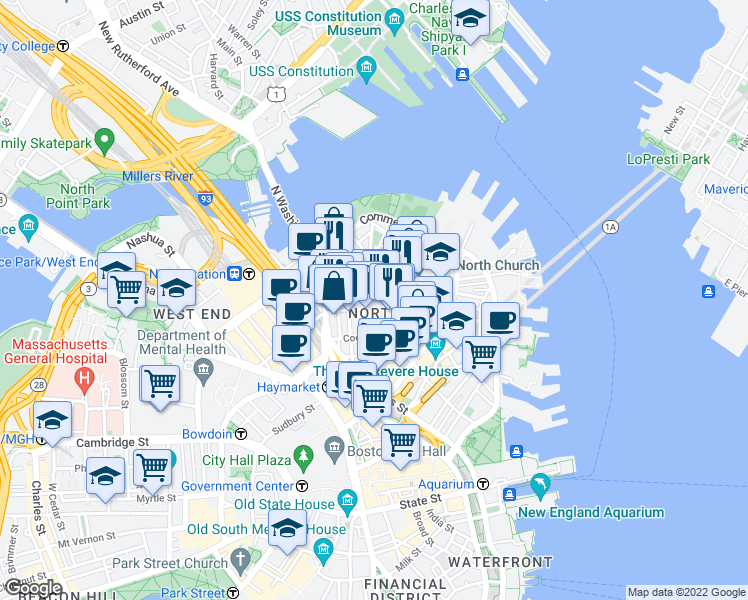 map of restaurants, bars, coffee shops, grocery stores, and more near 3 Snow Hill Street in Boston