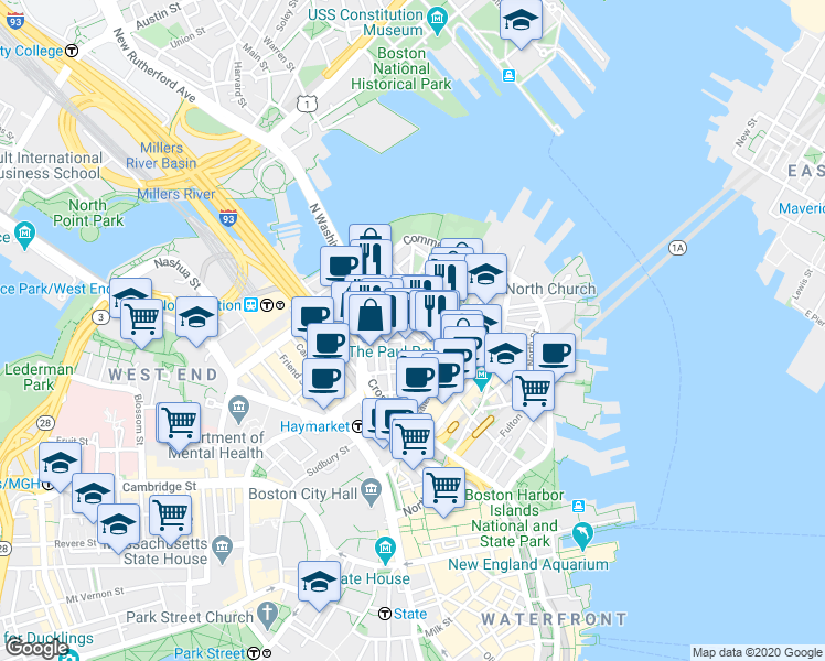 map of restaurants, bars, coffee shops, grocery stores, and more near 3 Snow Hill Street in Boston