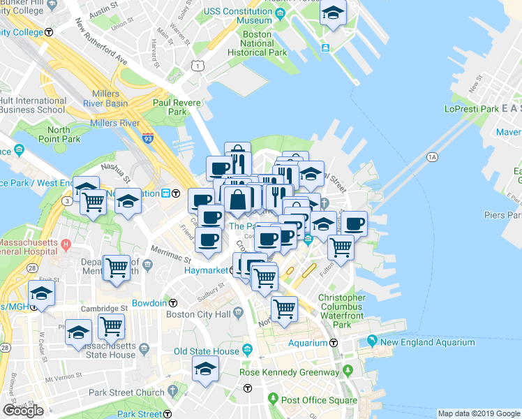 map of restaurants, bars, coffee shops, grocery stores, and more near 3 Snow Hill Street in Boston