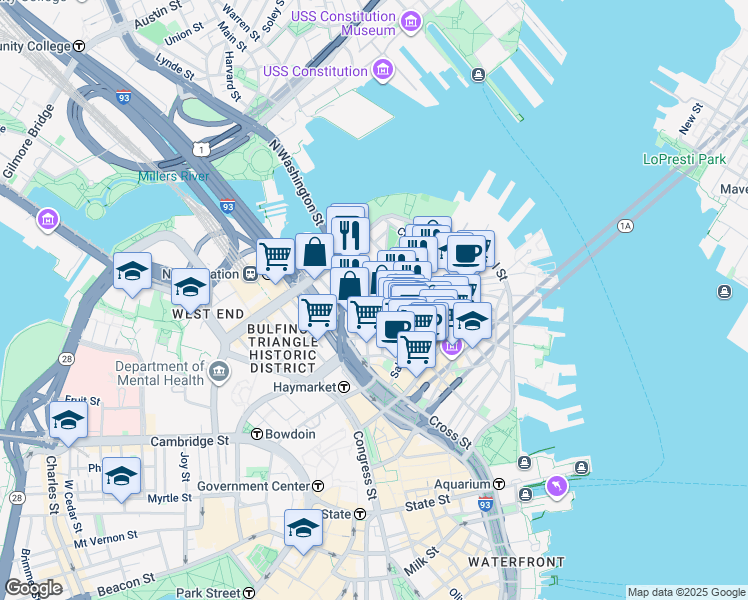 map of restaurants, bars, coffee shops, grocery stores, and more near 3 Snow Hill Street in Boston