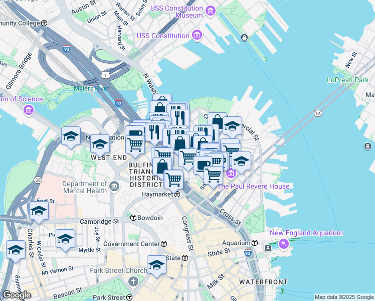 map of restaurants, bars, coffee shops, grocery stores, and more near 7 Endicott Court in Boston