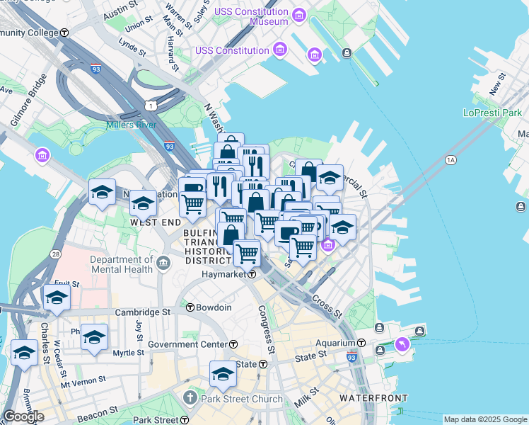 map of restaurants, bars, coffee shops, grocery stores, and more near 7 Endicott Court in Boston
