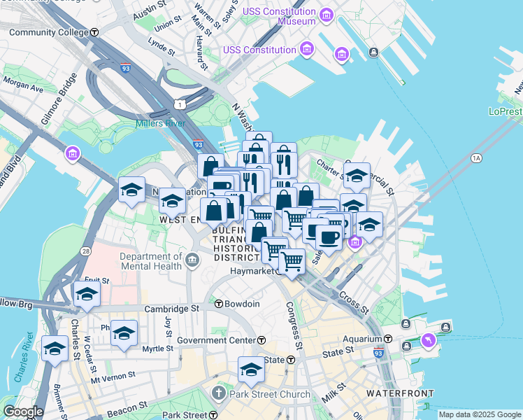 map of restaurants, bars, coffee shops, grocery stores, and more near 225 Causeway Street in Boston