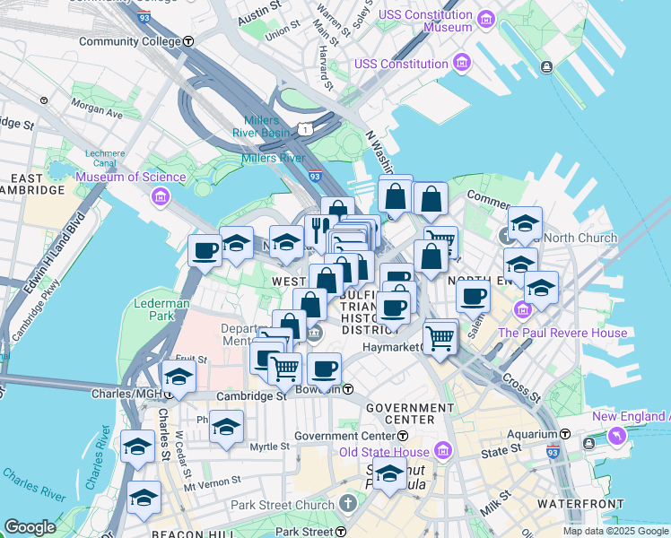 map of restaurants, bars, coffee shops, grocery stores, and more near 135 Causeway Street in Boston