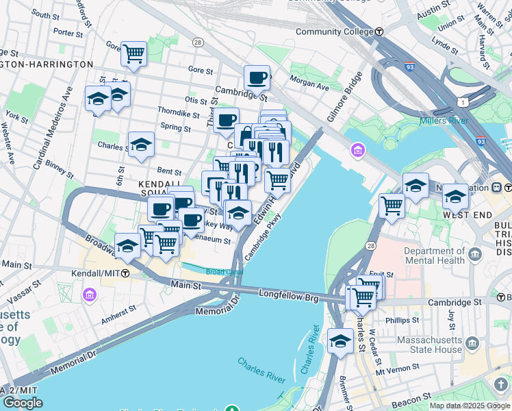 map of restaurants, bars, coffee shops, grocery stores, and more near 10 Rogers Street in Cambridge