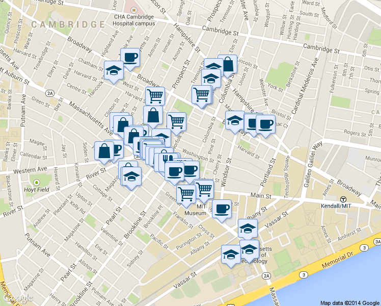 map of restaurants, bars, coffee shops, grocery stores, and more near 385 Washington Street in Cambridge