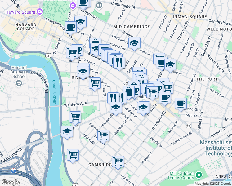 map of restaurants, bars, coffee shops, grocery stores, and more near 42 Kinnaird Street in Cambridge