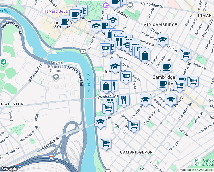 map of restaurants, bars, coffee shops, grocery stores, and more near in Cambridge