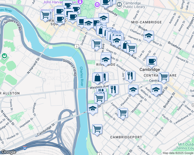 map of restaurants, bars, coffee shops, grocery stores, and more near 30 Peabody Terrace in Cambridge