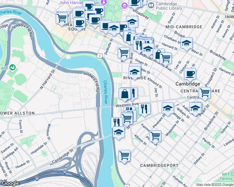 map of restaurants, bars, coffee shops, grocery stores, and more near 31 Peabody Terrace in Cambridge