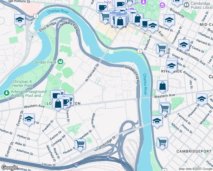 map of restaurants, bars, coffee shops, grocery stores, and more near 35 - 37 Harvard Way in Boston