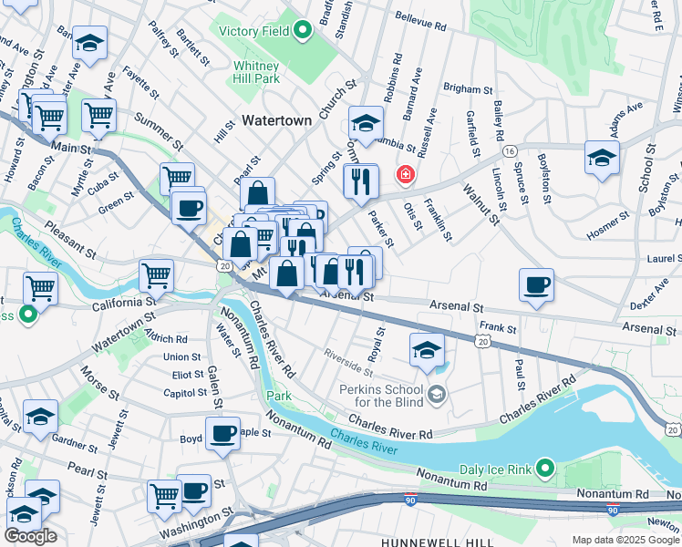 map of restaurants, bars, coffee shops, grocery stores, and more near 39 Irving Street in Watertown