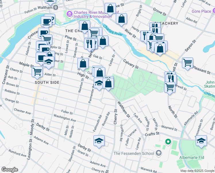 map of restaurants, bars, coffee shops, grocery stores, and more near 88 Cedar Street in Waltham
